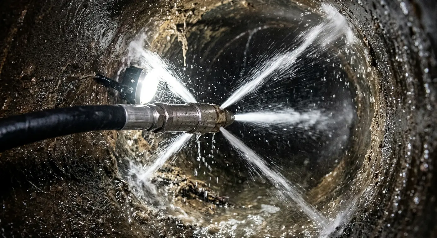 High-pressure hydro jetting nozzle cleaning sewer pipe for Sewer Cleanout in Gold River