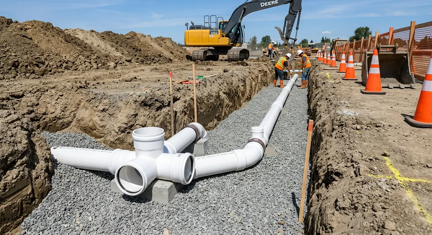 New PVC sewer pipe installation in open trench for Sewer Backup in Gold River