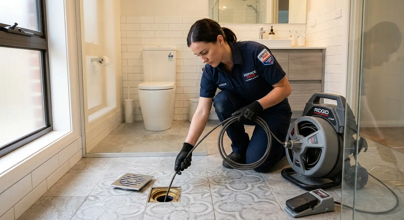 Technician clearing a bathroom floor drain for Drain Cleaning in Gold River